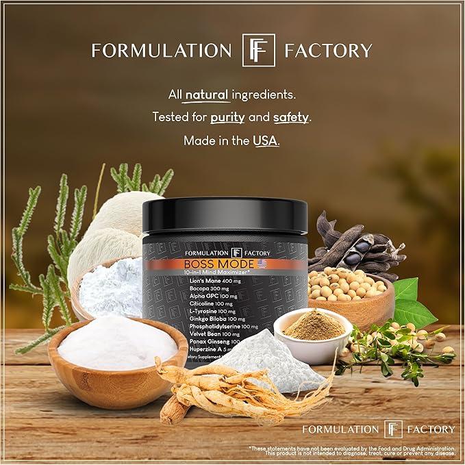 Formulation Factory Boss Mode 10-in-1 Nootropic Cognitive Enhancement Supplement Focus &amp Memory Booster Featuring Lion’s Mane Bacopa Monnieri Alpha-GPC Ginseng &amp More 360 Capsules (3 Pack