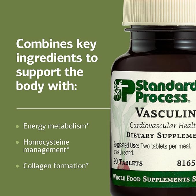 Standard Process Vasculin - Supplement for Cardiovascular &amp Healthy Heart Support - Supports Collagen Formation &amp Heart Health - Non-Dairy &amp Non-Soy - 90 Tablets (45 Servings)