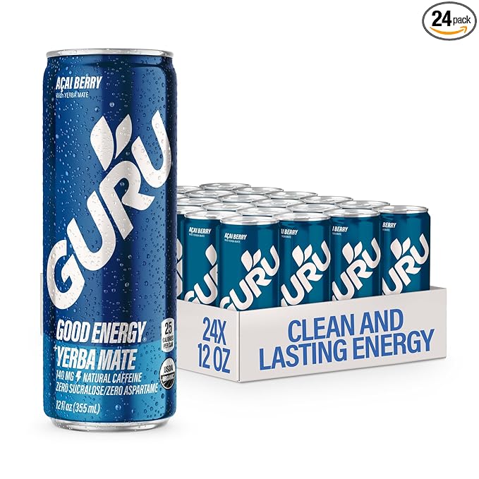 GURU Yerba Mate Organic Energy Drinks Clean Energy Drink with Plant Based Natural Caffeine from Green Tea Low Calorie Gluten Free 140mg Caffeine Healthy Drinks Acai Berry 12oz (Pack of 24)