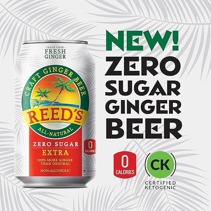 Reed's Zero Sugar Extra Ginger Beer Great Tasting Natural Craft Ginger Soda with Fresh Ginger Root (12oz Can 24 pk)