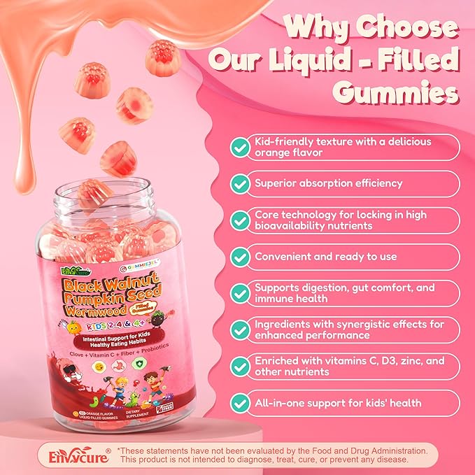 Toddler 2-4 &amp Kids 4+ Para Clean Gut Health Gummies w/Black Walnut Wormwood Clove Pumpkin Seeds Vitamin C D3 Zinc Digestive Supplement for Natural Gut Cleanse Kids Immune Support (60cts)