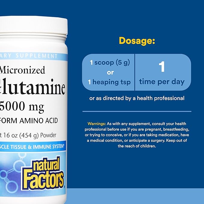 Natural Factors Micronized L-Glutamine 5000 mg Powder - Easy Absorption Gut Health Support Supplement - Powder Amino Acid Supplement Supports Muscle Recovery - 16 oz (90 Servings)