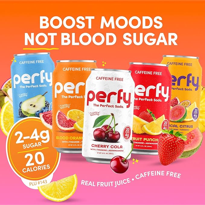 PERFY Caffeine Free Cherry Cola Soda | Made With Real Juice – Low Sugar Nootropic Drink with L-Theanine + Ashwagandha | Calming Adaptogen Mocktail | Keto | Sweetened with Stevia &amp Monk Fruit | 12-