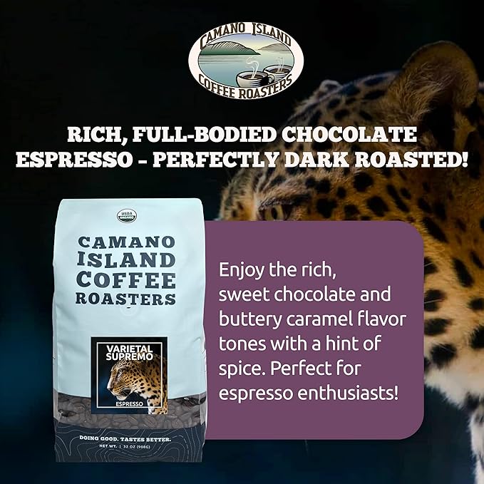 Camano Island Coffee Roasters Varietal Supremo Espresso Blend Ground 2lb Fresh Dark Roast USDA Organic Fairly Traded Shade Grown Arabica Chocolate Caramel Hint of Spice Flavor Profile