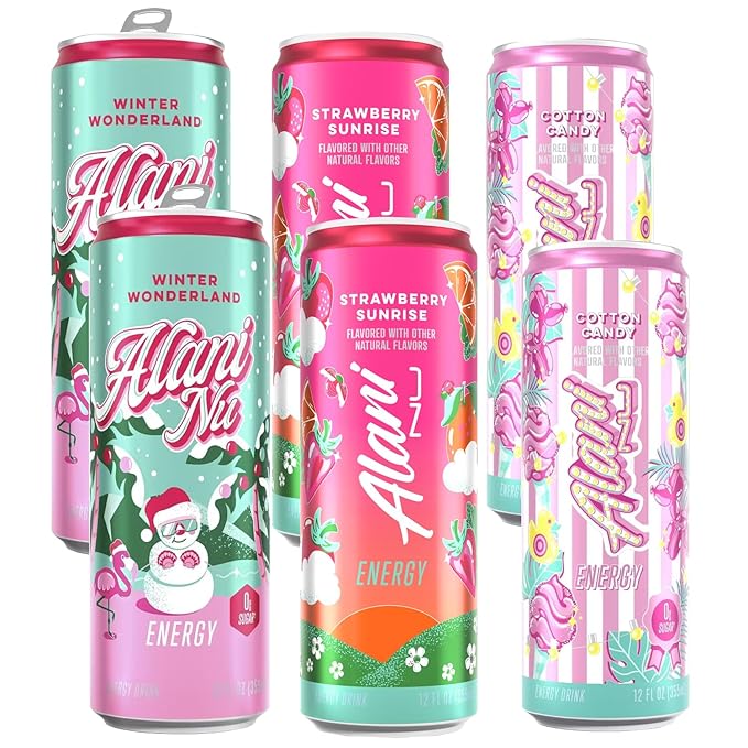 Alani Strawberry Sunrise Winter Wonderland &amp Cotton Candy Energy Drink - Sugar Free Low Calorie Energy Drinks - 12 fl oz Can 6 Pack