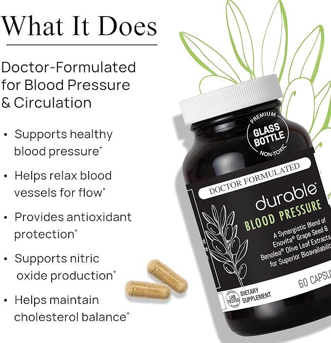 Durable Blood Pressure – Benolea Olive Leaf &amp Enovita Grape Seed Extract – Healthy Circulation Nitric Oxide &amp Artery Support – Doctor Formulated Vegan Non-GMO Made in USA (60 Capsules)
