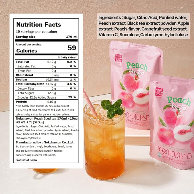 [Nokchawon] Peach Iced Tea Pouches 10 Packs – Fruity Summer Peach Flavored Iced Fruit Tea Korean drink pouch 1700g (59.97oz)