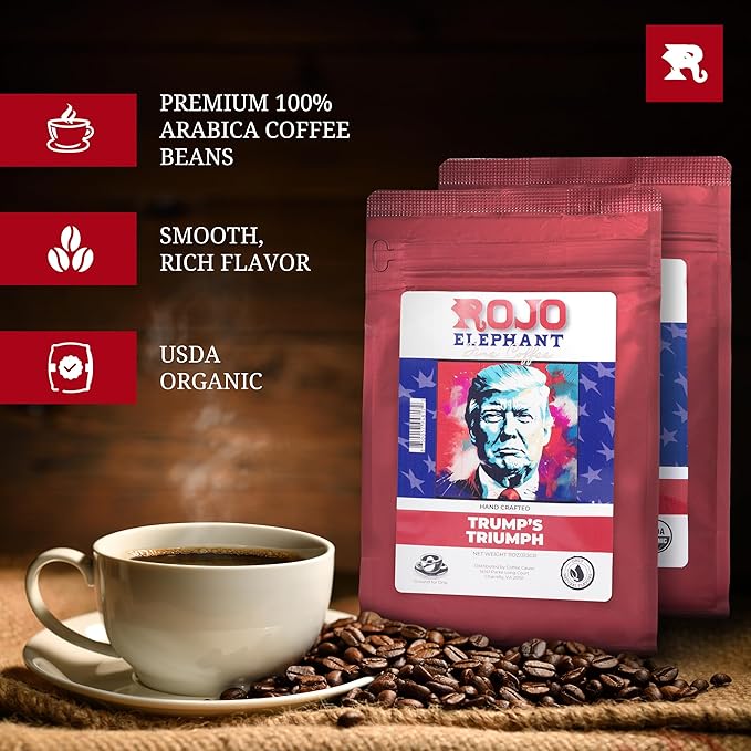 Rojo Elephant Handcrafted Ground Coffee 100% Arabica Beans 11 0z Bags Pack of 2 Trump's Triumph Betsy Ross Classic Duo