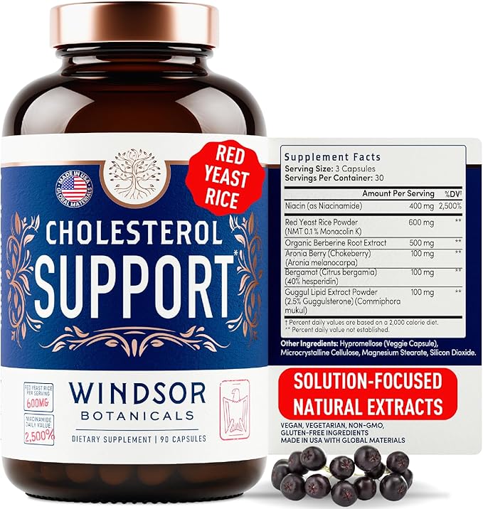WINDSOR BOTANICALS Cholesterol Supplements - Citrus Bergamot Niacin Red Yeast Rice Berberine Aronia Berry Extract to Support Normal HDL and LDL Cholesterol Levels - 90 Vegan Non-GMO Capsules
