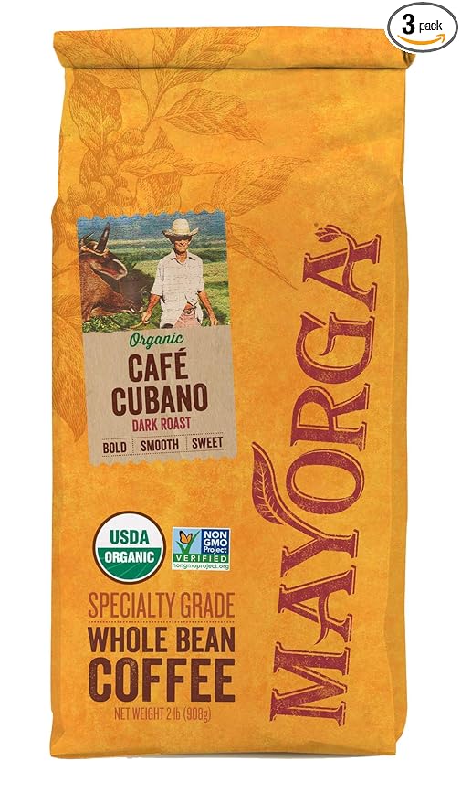 Mayorga Organics Café Cubano Dark Roast Whole Bean Coffee 2lbs Bag Specialty-Grade 100% USDA Organic Non-GMO Verified Direct Trade Kosher - PACK OF 3