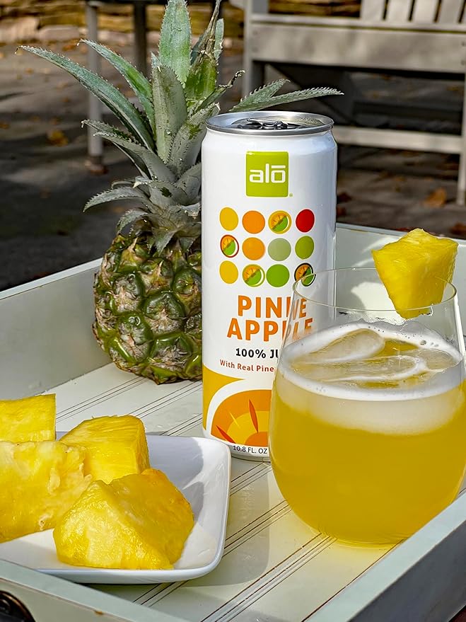 ALO Slim Can Juice Pineapple with Real Fruit Pulp| 10.82 fl oz Pack of 12 | Plant-Based Beverage 100% Natural Juice