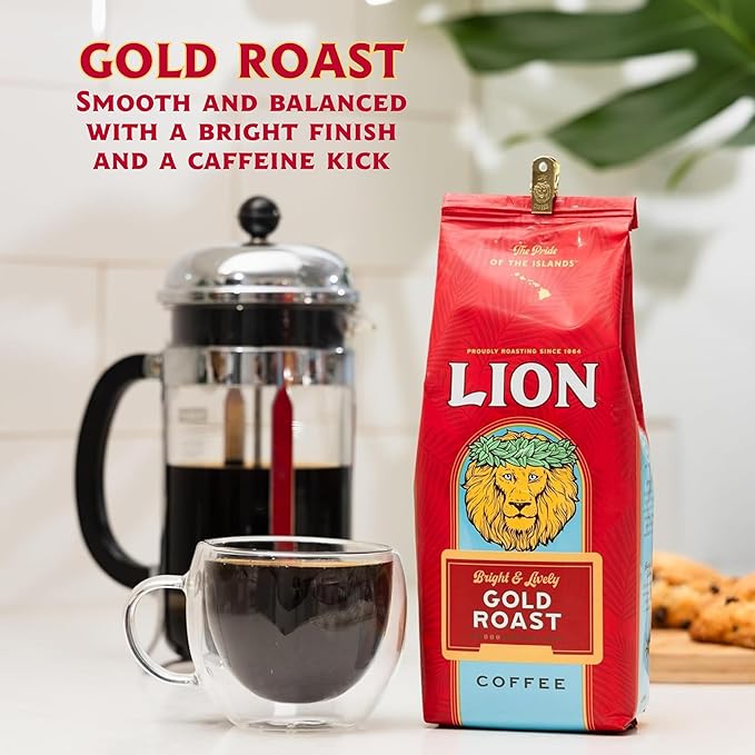 Lion Coffee 24K Gold Roast 100% Kona Whole Bean Coffee Medium-Light Roast A Taste of Aloha - 7 Ounce Bag
