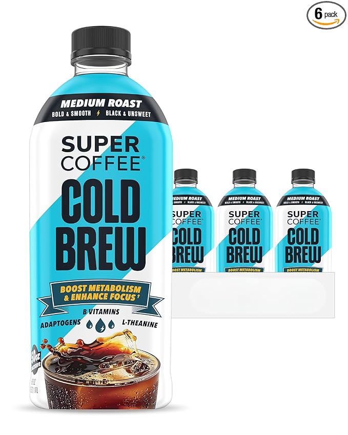 SUPER COFFEE Cold Brew Iced Keto Coffee (0g Added Sugar 25 Calories) [Dark Roast] 50 Fl Oz 6 Pack | Smart Coffee Drinks - SoyFree GlutenFree