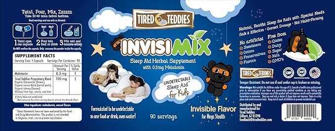 InvisiMix Low Dose Melatonin 300 mcg - Tasteless Textureless Powder Liquid Mix-in for Kids Ages 2+ 90 Servings