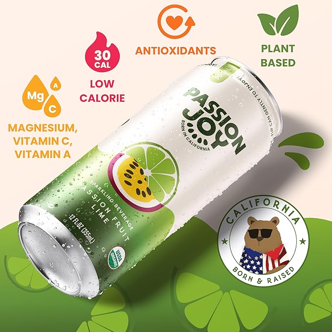 Passion Joy Organic Soda – Passion Fruit &amp Lime 12 oz Slim Cans (Pack of 12)