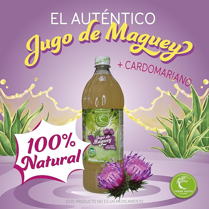 Jugo de Maguey with Milk Thistle 100% Natural Verde Santo | 1 Liter Bottle | Functional Drink | No Sugar | No Alcohol | Mexican Product