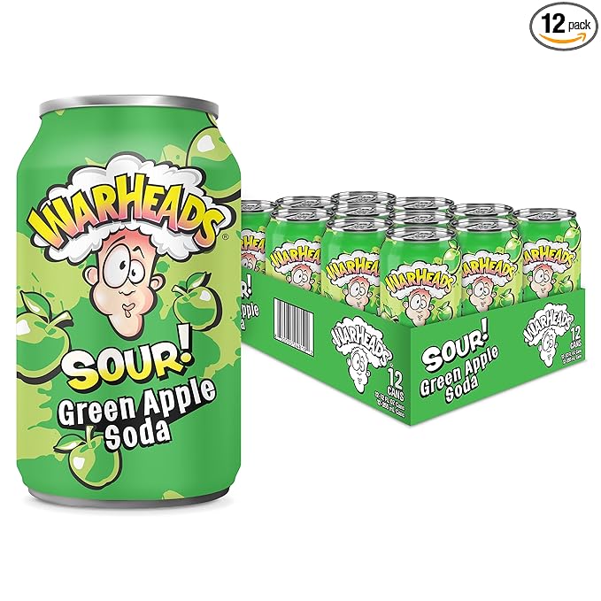 Sour Fruity Soda with Classic Warheads Flavors – Perfectly Balanced Sweet and Sour Soda - Warheads Candy Throwback Treat Soda Cocktail Mixer Pack of 12 12oz Cans (Green Apple)