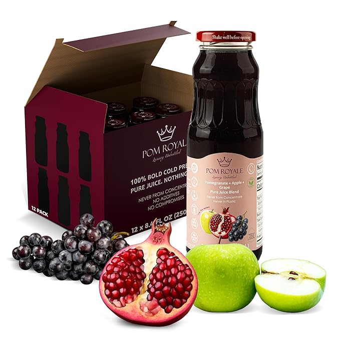 Pure Pomegranate Apple &amp Grape Juice 8.4oz Glass Bottle (Pack of 12) Cold Pressed Juice Not from Concentrate Non-GMO No Sugar Added Gluten Free Preservative Free