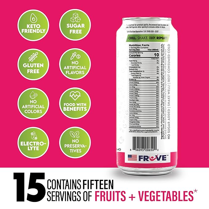 FrUve Super Water | Raspberry Lemon Flavor | 12 16oz Cans | Healthy Drink | Zero Sugar | Low Calorie Drink | Powerful Antioxidants | Boosts Immune System | NON-GMO | The Super Health Drink