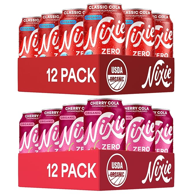 Nixie Organic Zero Sugar Soda Classic Cola &amp Cherry Cola 0 Sugar 0 Calories Healthy Soda Pop Non-GMO 12oz Cans (24 Pack)