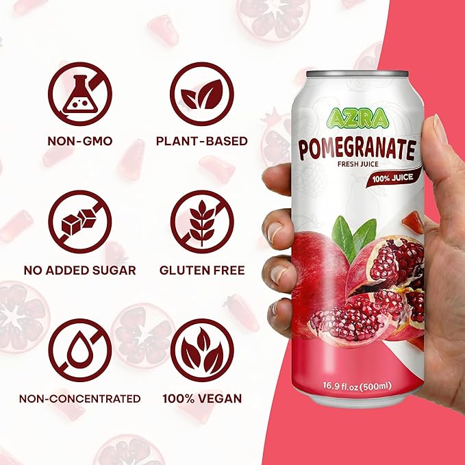 AZRA 100% Pomegranate Juice – 500ml Cans Healthy Drinks Variety Pack – Sugar Free Juice Pure Pomegranate Extract Beverages – Zero Sugar Drinks for Kids and Adults – 100% Juice 12 Pack