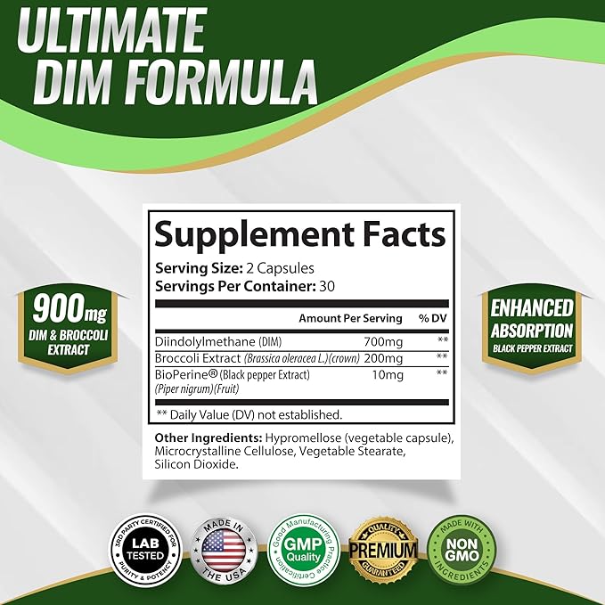 Dim Supplement 910 mg Plus BioPerine Complex - Diindolylmethane to Support Hormone Balance and Estrogen Metabolism Helps with Menopause Acne PCOS Better Skin Bodybuilding for Men Women 60 Capsules