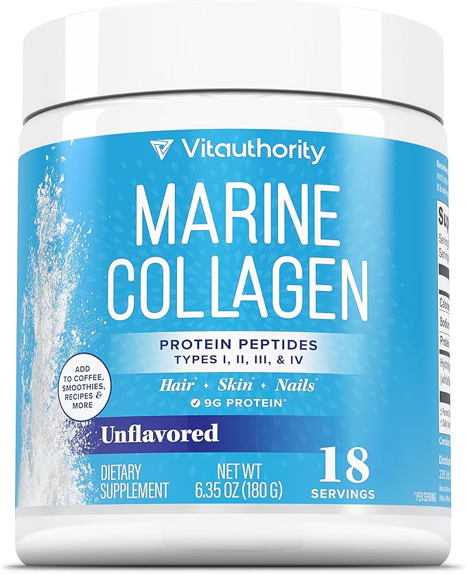 Vitauthority Marine Collagen Peptides Powder Supplement | Hydrolyzed Fish Collagen Peptides | 10000mg per Scoop 9g Protein Skin Hair Nail Sustainably Sourced Whitefish | Unflavored 18 Servings