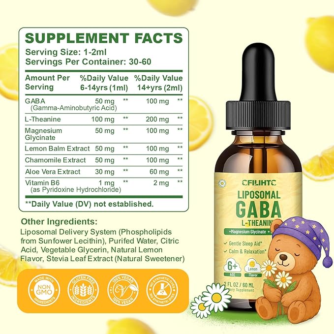 2 Pack Liposomal GABA L-Theanine Drops for Kids - Liquid GABA Supplement with Magnesium Chamomile Lemon Balm &amp Vitamin B6 - Support Relaxation Focus &amp Stress Relief for Kids &amp Adults -