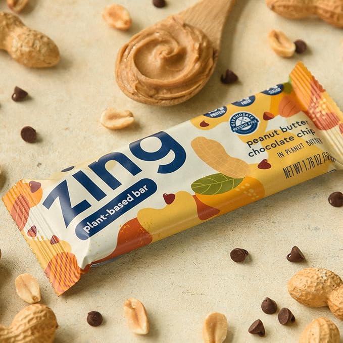 Zing Peanut Butter Chocolate Chip Vegan Protein Bars Gluten Free with High Protein High Fiber Dairy Free Nutrition Bars Plant Based Protein Kosher Low Sugar No Sugar Alcohols - 12 count