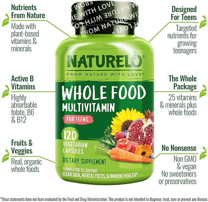 NATURELO Multivitamins for Teenage Girls/Boys 120 Capsules Whole Food Multivitamin with Minerals Non-GMO Vegetarian
