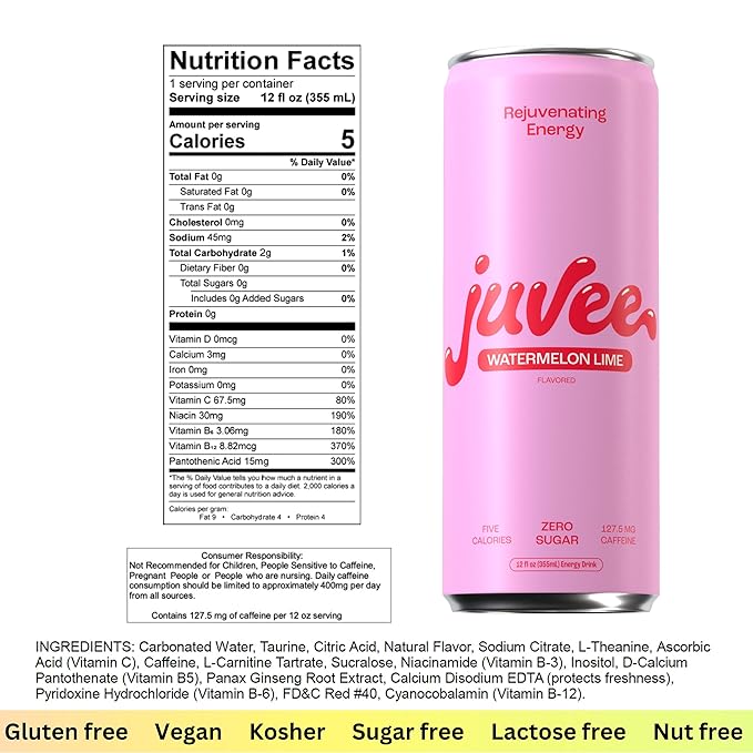 Juvee Rejuvenating Energy Drink – Sugar Free Watermelon Lime Flavor 12 oz Cans (12-Pack) – 128mg Natural Caffeine Zero Sugar Low Calorie Clean Energy &amp Focus Booster for Daily Use