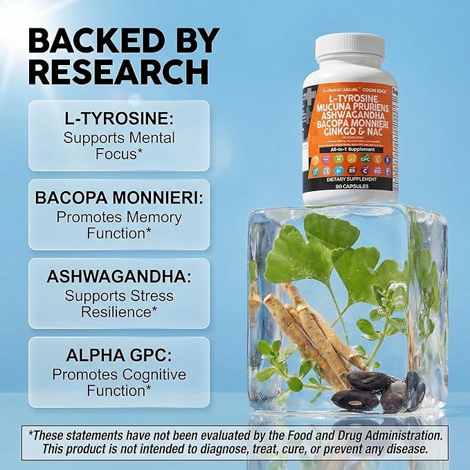 Clean Nutraceuticals L Tyrosine Mucuna Pruriens Bacopa Monnieri Ashwagandha Focus Supplement w/N-Acetyl Cysteine NAC 5-HTP Ginkgo Biloba Alpha GPC Vitamin C D B1 B12