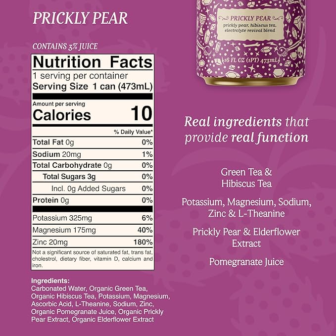 Corpse Reviver: Electrolyte Hydration Drink | 175mg Magnesium 325mg Potassium 20mg Zinc Sodium L-Theanine (Organic Non-Alcoholic Sparkling Water) Prickly Pear 12-Can