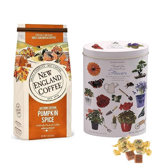 New England Coffee Pumpkin Spice Medium Roast &amp Gardiners of Scotland Thank You Flowers Vanilla Fudge Tin – Fall Coffee &amp Gourmet Fudge Gift Bundle