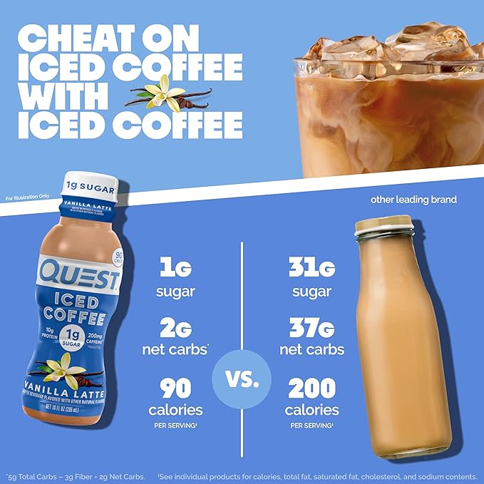 Quest Nutrition Iced Coffee Vanilla Latte 1g of Sugar 10g of Protein 90 calories 200mg of caffeine 12 Count