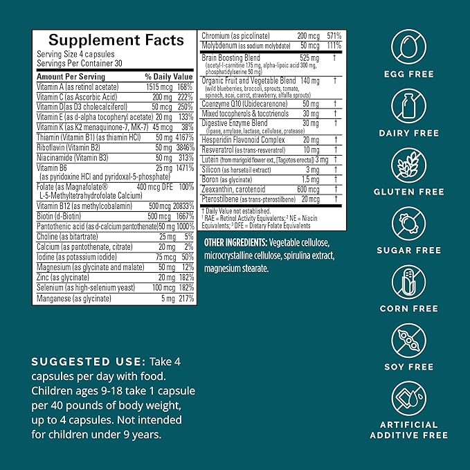 BRAINMD Dr Amen NeuroVite Plus - 120 Capsules - Multivitamin &amp Mineral Supplement Enhanced with Phytonutrients Enzymes &amp Whole Foods - Gluten Free - 30 Servings