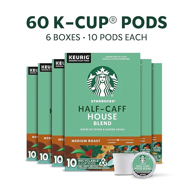 Starbucks K-Cup Coffee Pods Medium Roast Hot or Iced Coffee Half-Caff House Blend 60 Keurig Pods