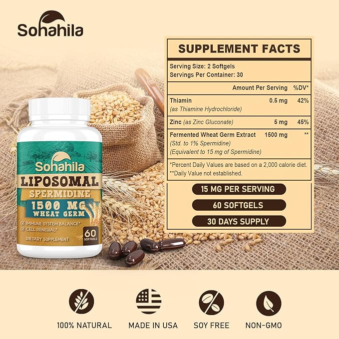 Spermidine Supplement 15 MG - 99% Purity High Absorption 1500 MG Fermented Wheat Germ Extract with Zinc &amp Thiamin Spermidine for Men &amp Women - Cellular Renewal Aging Defense Energy 60 So