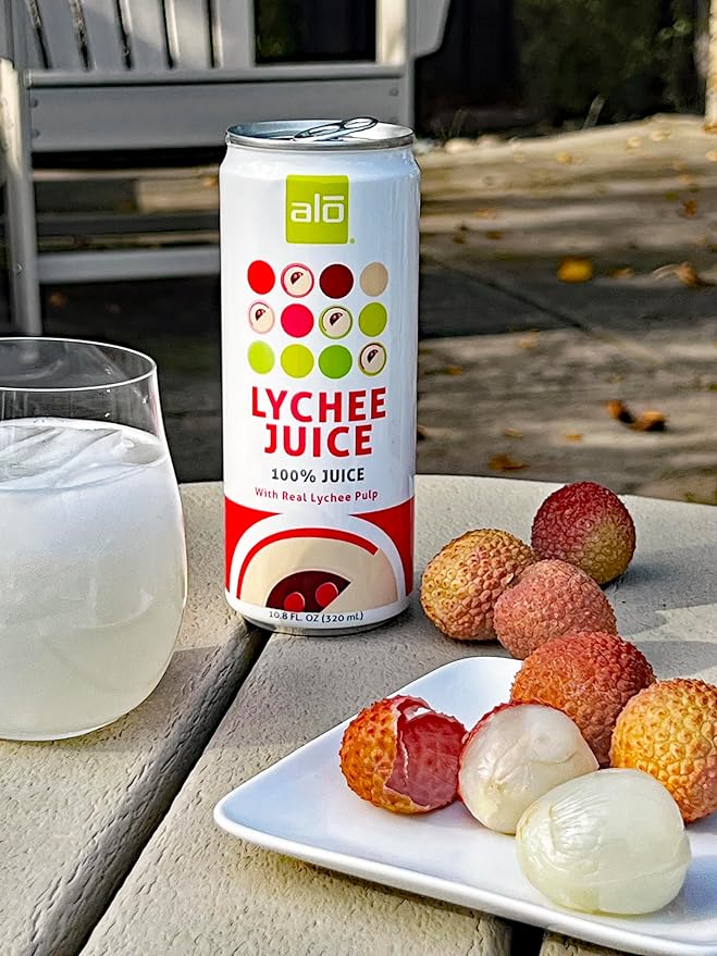 ALO Slim Can Juice Lychee with Real Fruit Pulp| 10.82 fl oz Pack of 12 | Plant-Based Beverage 100% Natural Juice