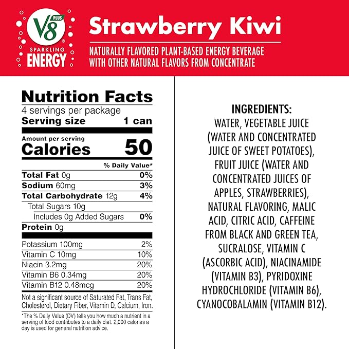V8 +ENERGY Strawberry Kiwi Energy Drink Made with Real Vegetable and Fruit Juices 11.5 FL OZ Can (6 Packs of 4)