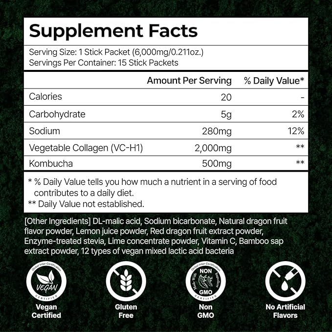 PLANT Vegan Collagen Peptide Kombucha Powder Probioitics Vitamin C | 2000mg Tripeptide Vegetarian Collagen Booster Dragonfruit Lime |15 Packets Gut &amp Skin Health Anti-Aging Hydration Drink Mi