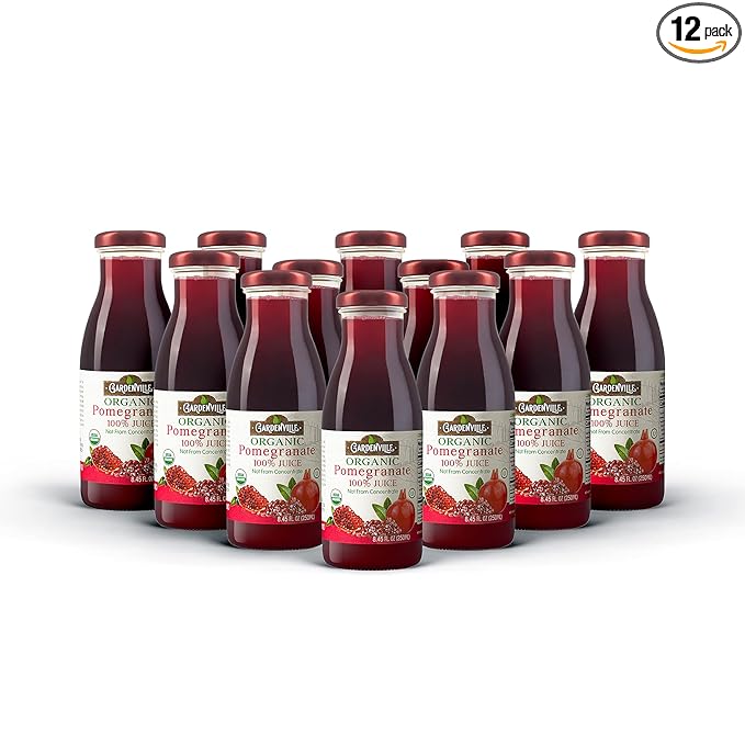 Gardenville Organic Pomegranate Juice (Pack of 12) USDA Organic No Added Sugar U Kosher Certified Pasteurized 8.4 oz Glass Bottles (Pomegranate)