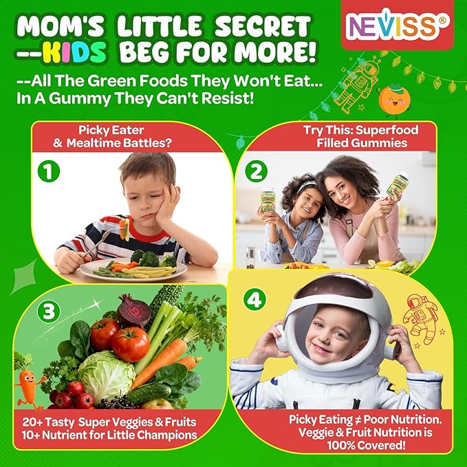 NEVISS Kids 4+ &amp Teens Super Greens 40-in-1 Gummies w/Multivitamin Omega3 Iron D3K2 Picky Eater Organic Super Fruits Veggies Superfood Gummy Mushroom Lutein | Immune Bone Brain Energy Sugar