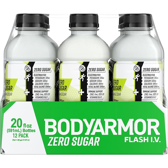 BODYARMOR Flash I.V. Zero Sugar Electrolyte Beverage Lemon Lime Hydration Drink For Rapid Rehydration Post Workout Recovery 20 Fl Oz (Pack of 12)