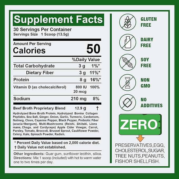 Zammex Bone Broth Plus Superfood Protein Powder (Turmeric Flavor) 8g Hydrolyzed Protein with Vitamin D for Healthy Skin Nails Hair Joints &amp DigestionNon-GMO (30 Servings)