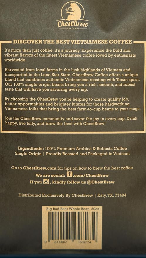 ChestBrew Big Bad Bear – X-Strong Bold Vietnamese Whole Bean Coffee 20 oz