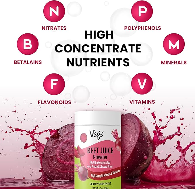 Beet Juice Powder - 20 X Ultra Concentrated Nitrates Betanines High Strength Nutrients - Freeze Dried Organic Beet Root Juice - Nitric Oxide Healthy Circulation Superfood - Sugar Free 5.3 oz