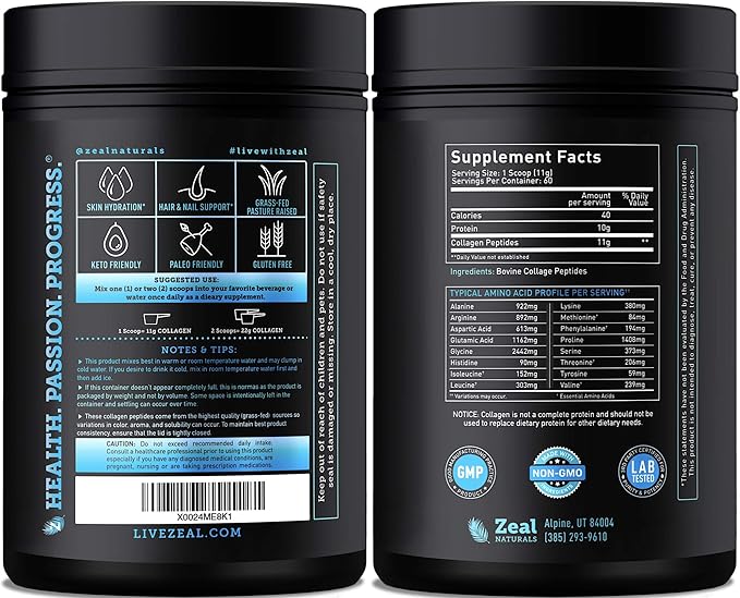 Zeal Naturals Hydrolyzed Collagen Peptides Powder 10g Protein | Grass-Fed Collagen for Women &amp Men | Essential Amino Acids | Hair Skin Nails Bone Health | 45 Servings Unflavored