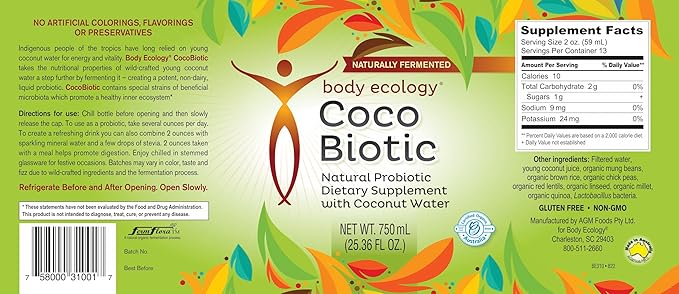 Body Ecology CocoBiotic | Naturally Fermented Liquid Probiotic | Dietary Supplement with Coconut Water | Non-GMO Probiotic Beverage for Digestive Support and Gut Health (25.36 Fl Oz.)