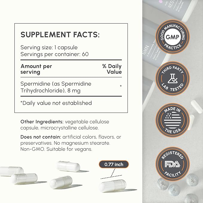 Spermidine Supplement 8mg - High Purity Wheat Germ Extract for Autophagy &amp Cellular Renewal - Advanced Anti-Aging &amp Longevity Support - 60 Veggie Capsules